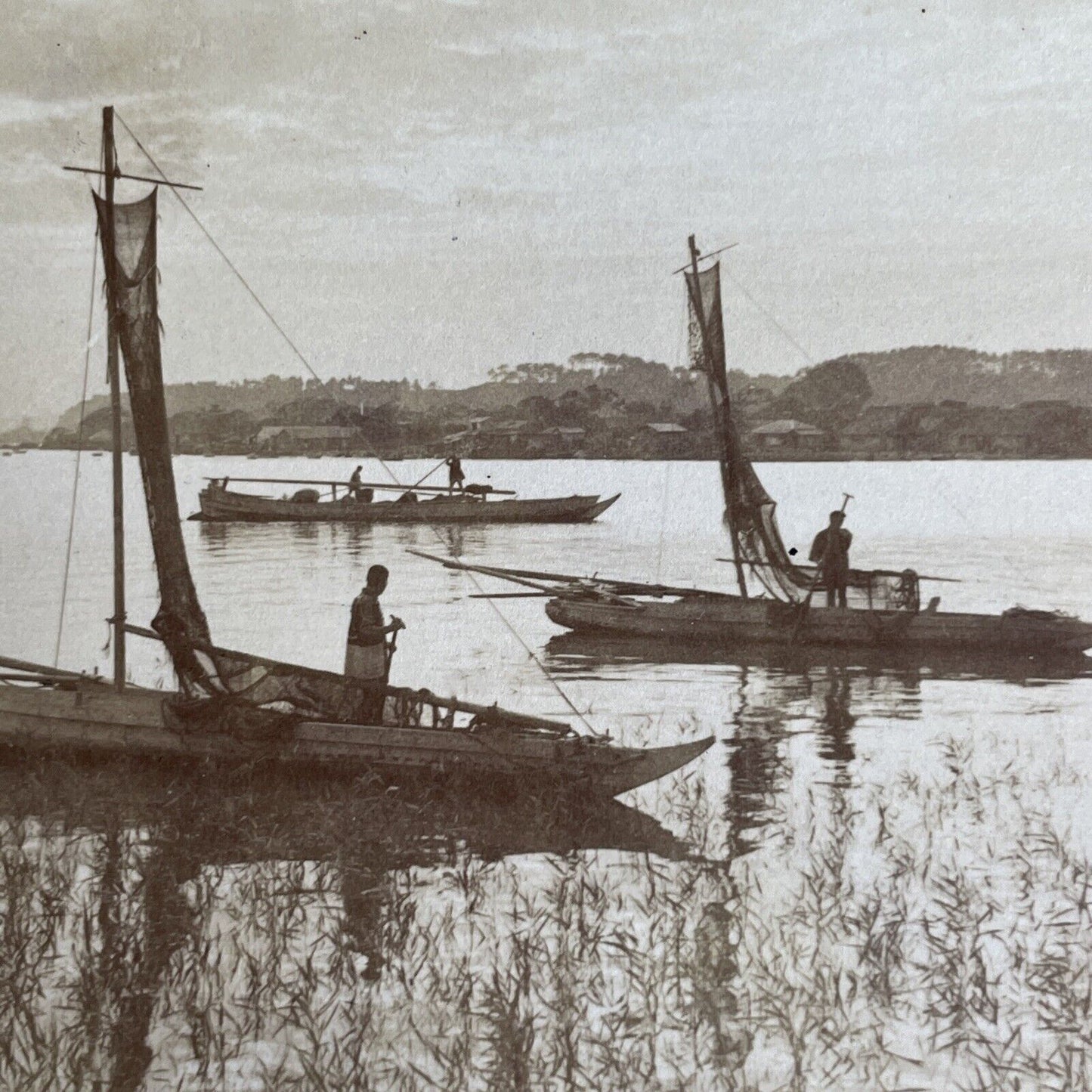 Antique 1904 Japanese Fisherman In Yokohama Japan Stereoview Photo Card P901