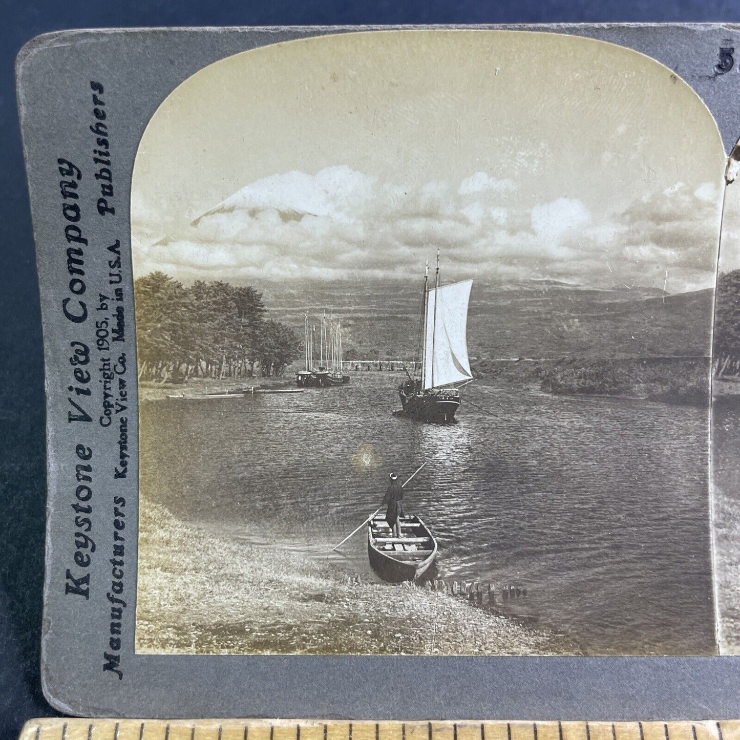 Antique 1905 Fishing Boats Fujiyama Japan Stereoview Photo Card P2135