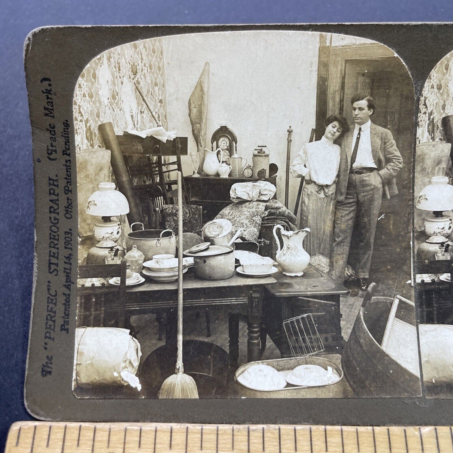 Antique 1903 Couple Looks Over Messy House Stereoview Photo Card P2659