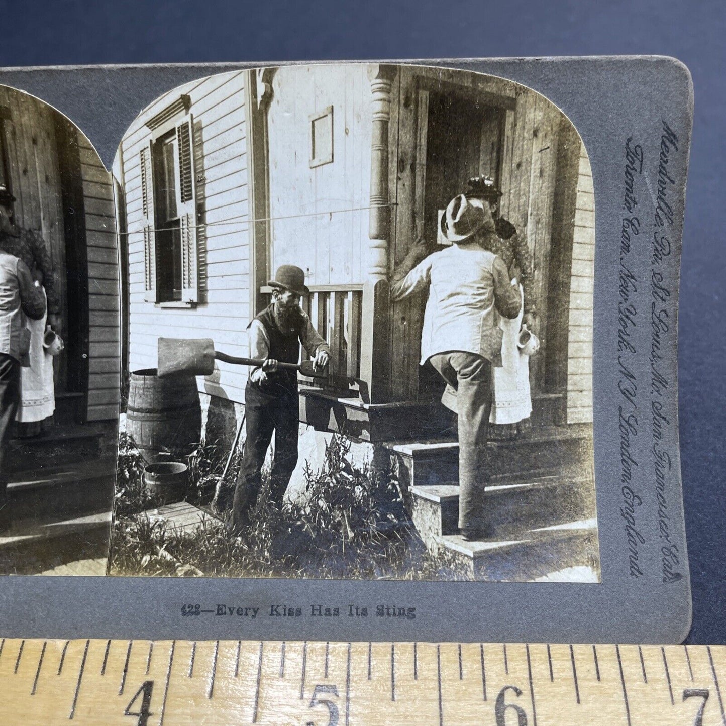 Antique 1898 Man Is Attacked For Kissing Daughter Stereoview Photo Card P1960