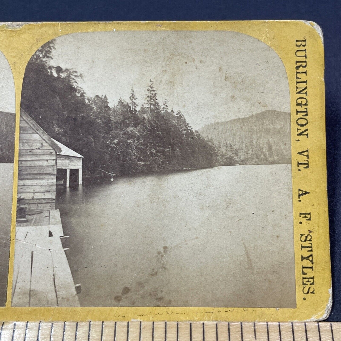 Antique 1870s Echo Lake Boathouse New Hampshire Stereoview Photo Card V1900