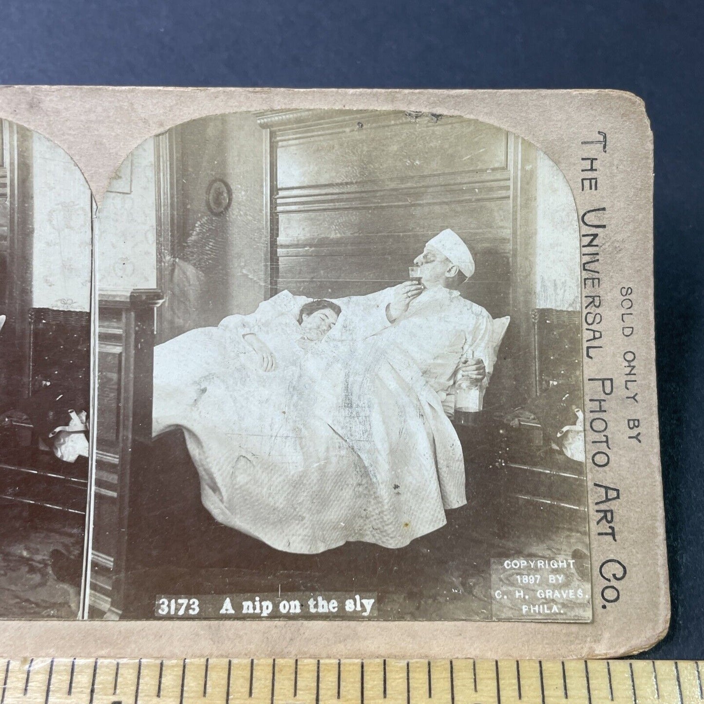 Antique 1897 Beaten Up Man Returns Home Drunk Stereoview Photo Card P2986