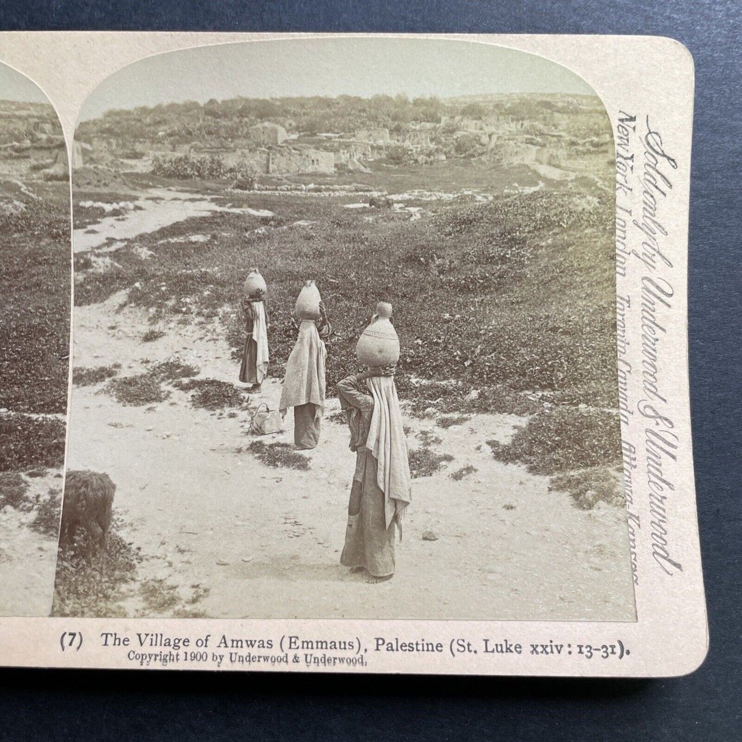 Antique 1900 Women Carry Water Jugas Imwas Palestine Stereoview Photo Card P1388