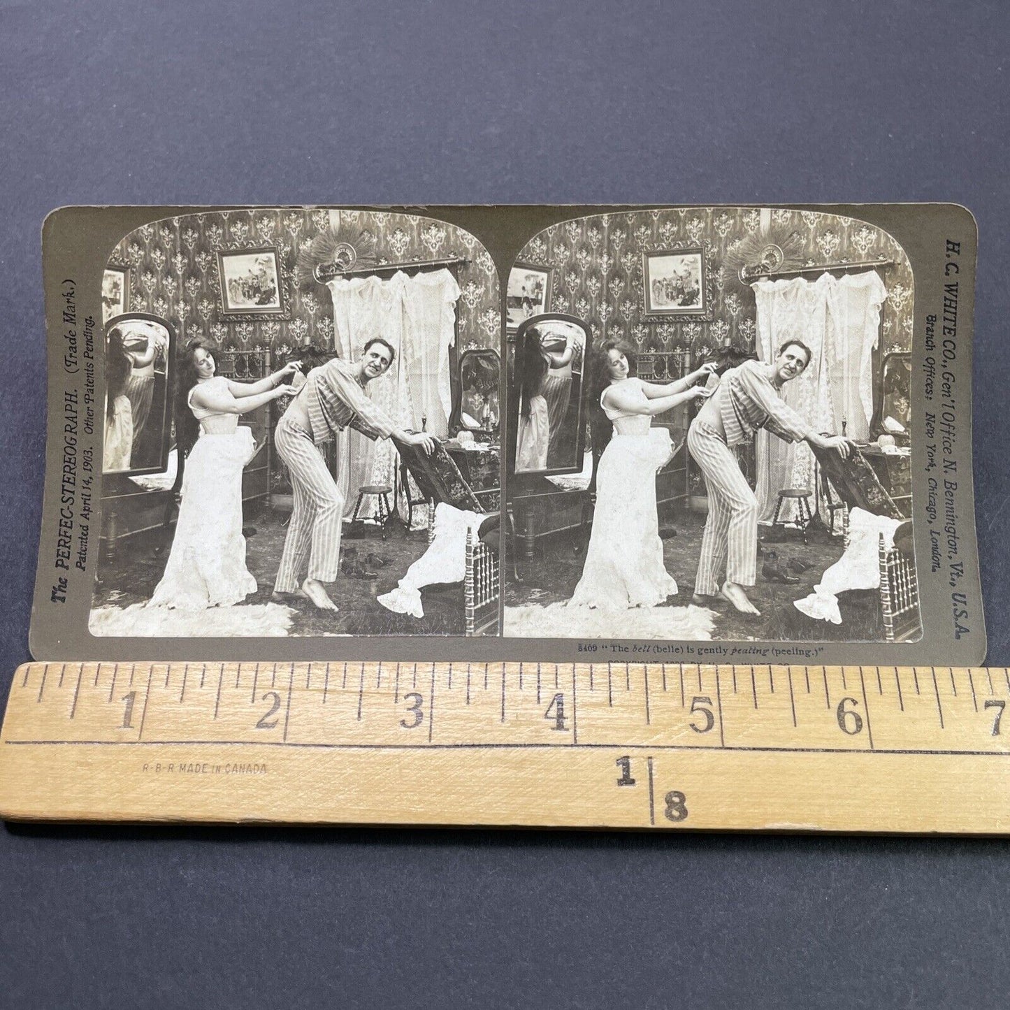 Antique 1902 Woman Waxes Man's Back Stereoview Photo Card P2698