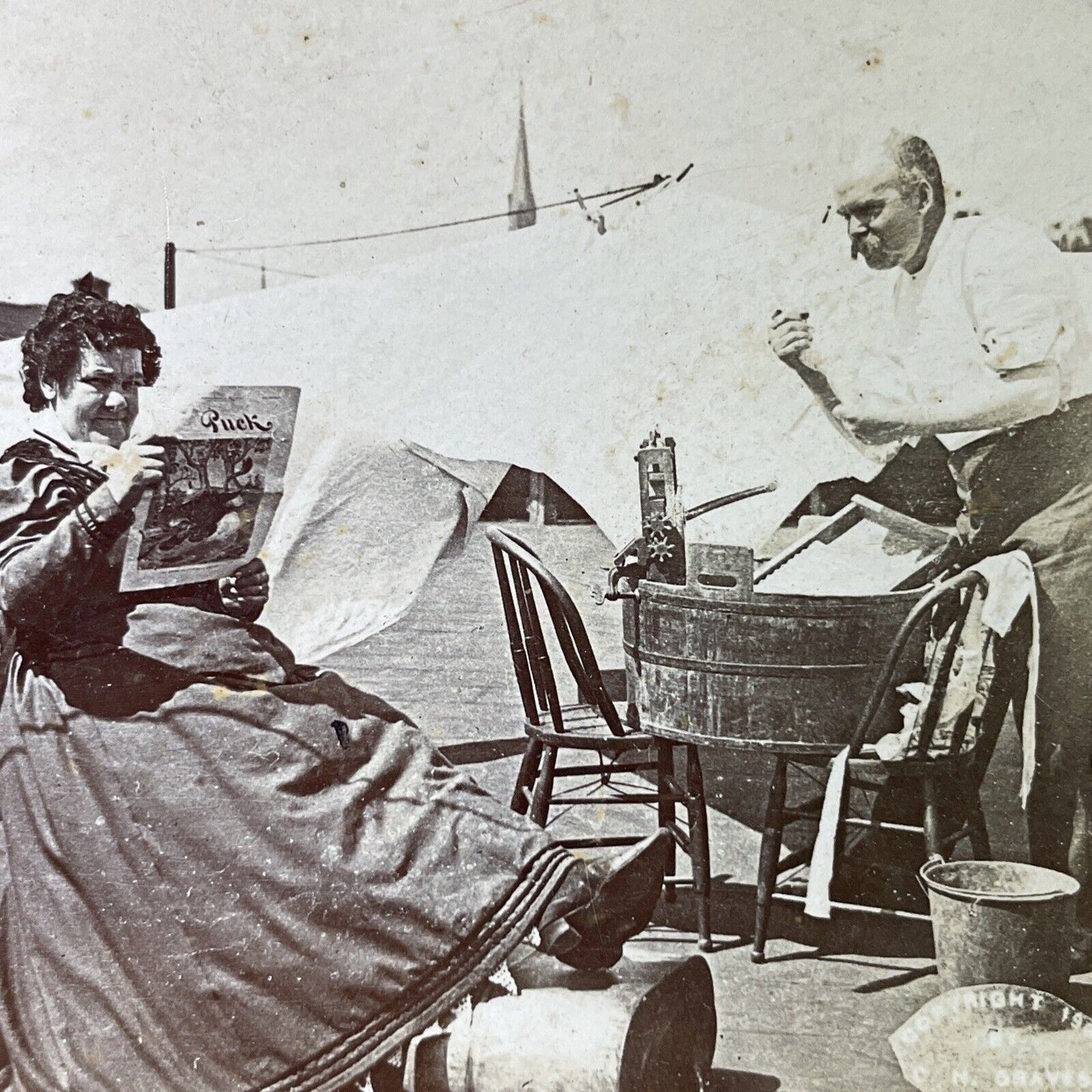 Antique 1870s Portuguese Couple Washing Clothing Stereoview Photo Card P3394