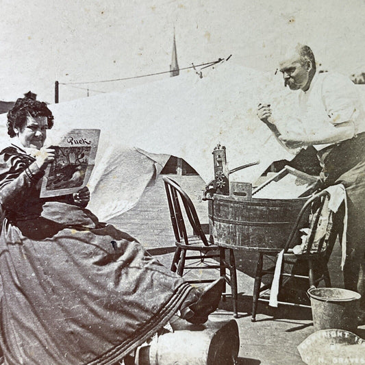 Antique 1870s Portuguese Couple Washing Clothing Stereoview Photo Card P3394