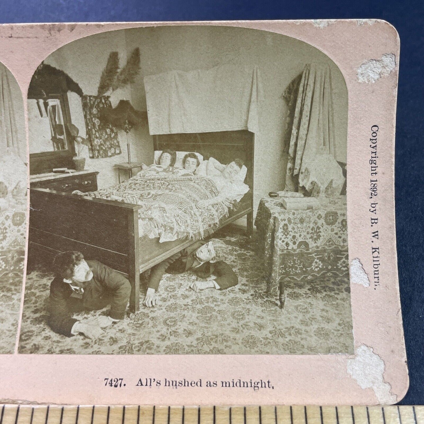 Antique 1892 Perverts Spying On Women In Bed Stereoview Photo Card P3965