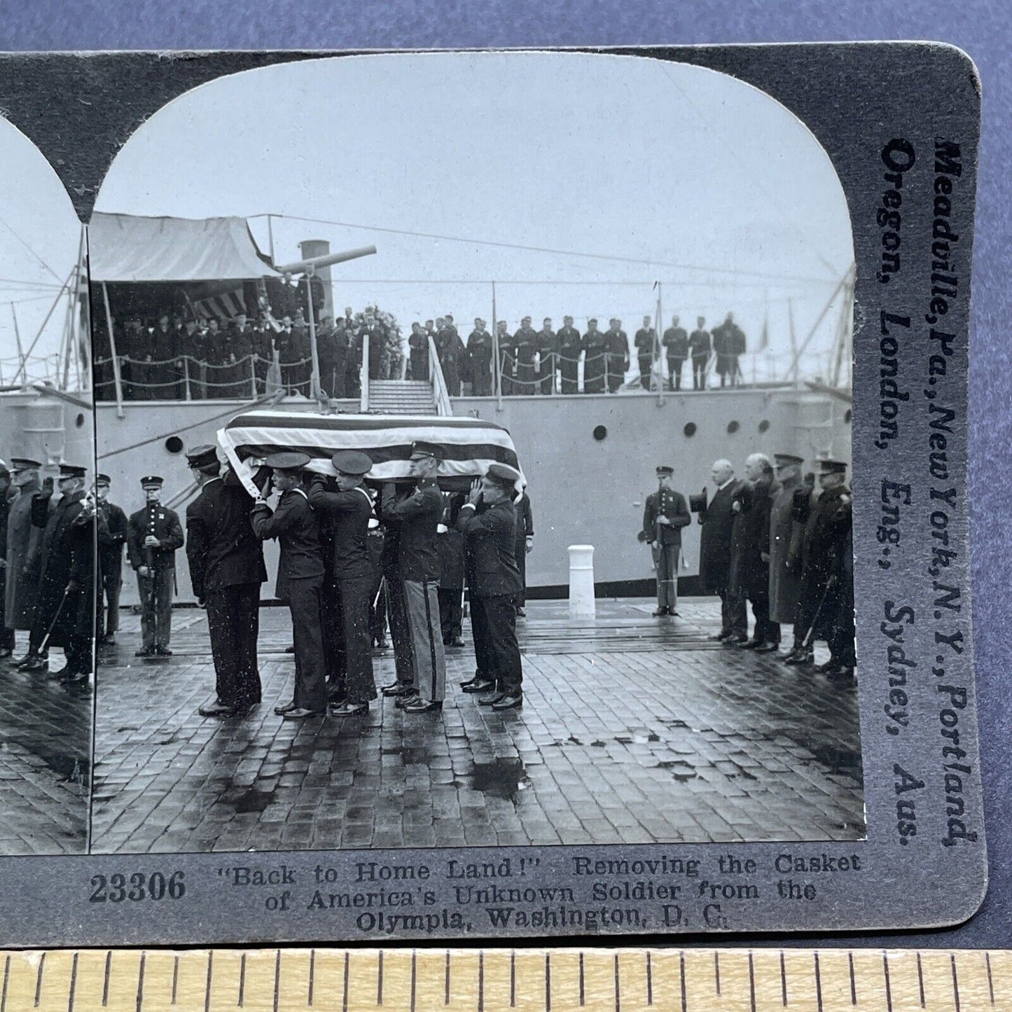 Antique 1910s US Soldier Repatriated Casket Funeral Stereoview Photo Card V3600