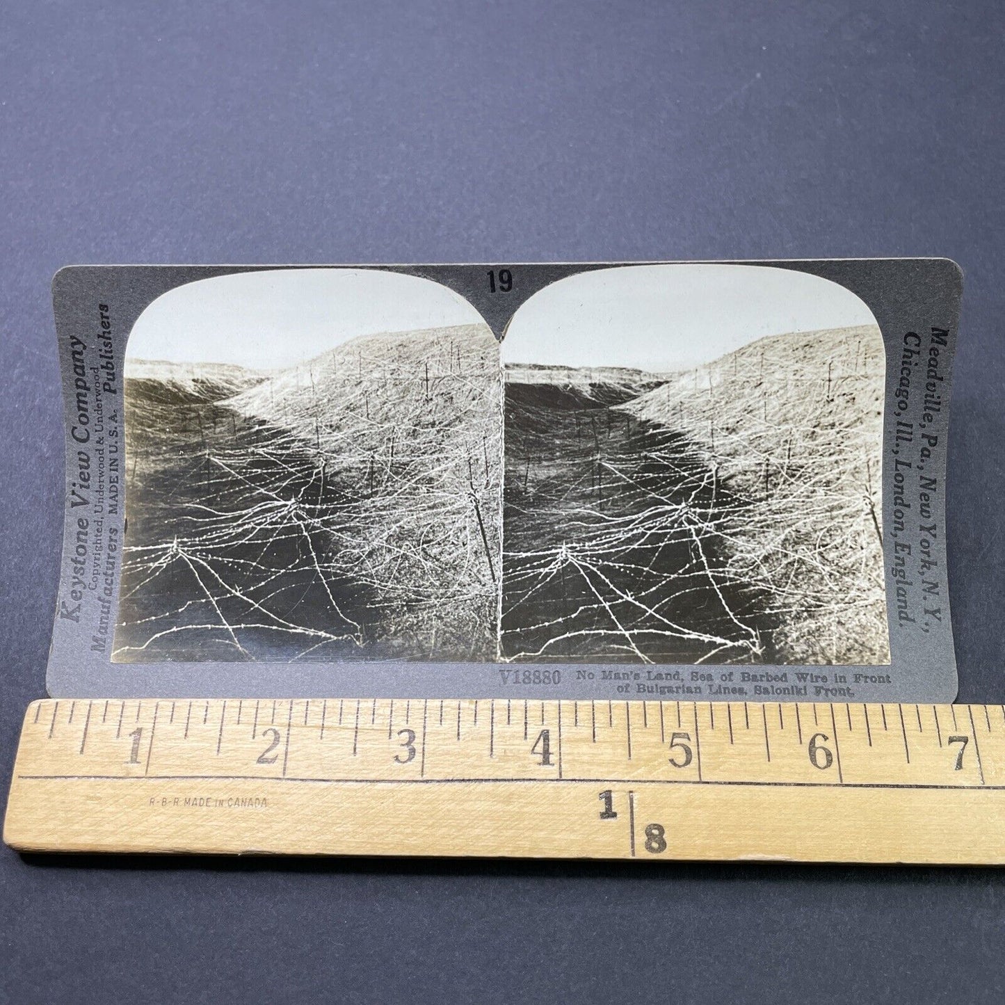 Antique 1917 WW1 No Mans Land Covered In Barbed Wire Stereoview Photo Card P2811