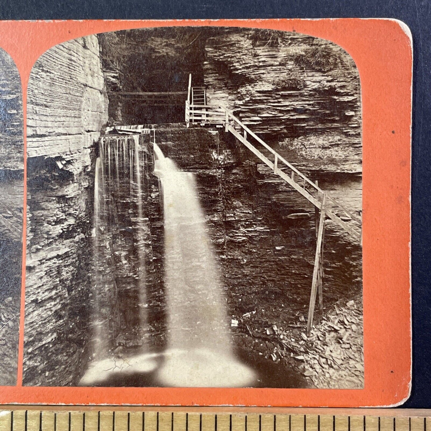 Watkins Glen Lower Cascade Falls NY Stereoview GF Gates Antique c1870 X1283