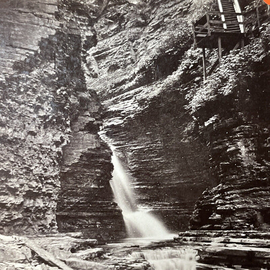 Antique 1860s Watkins Glen Gorge Waterfall New York Stereoview Photo Card V1801