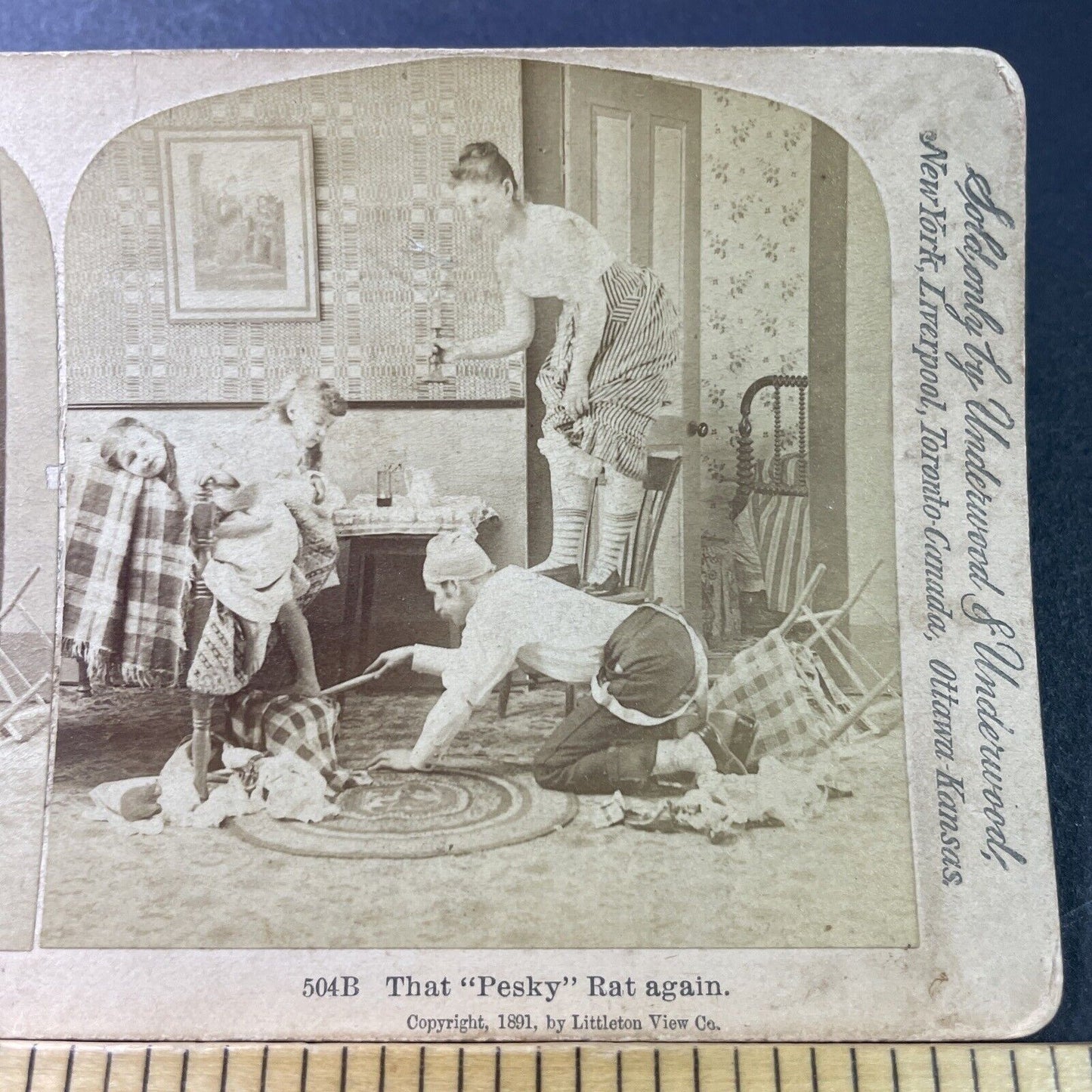 Antique 1891 Man Hunts For A Rat In House Stereoview Photo Card P3391