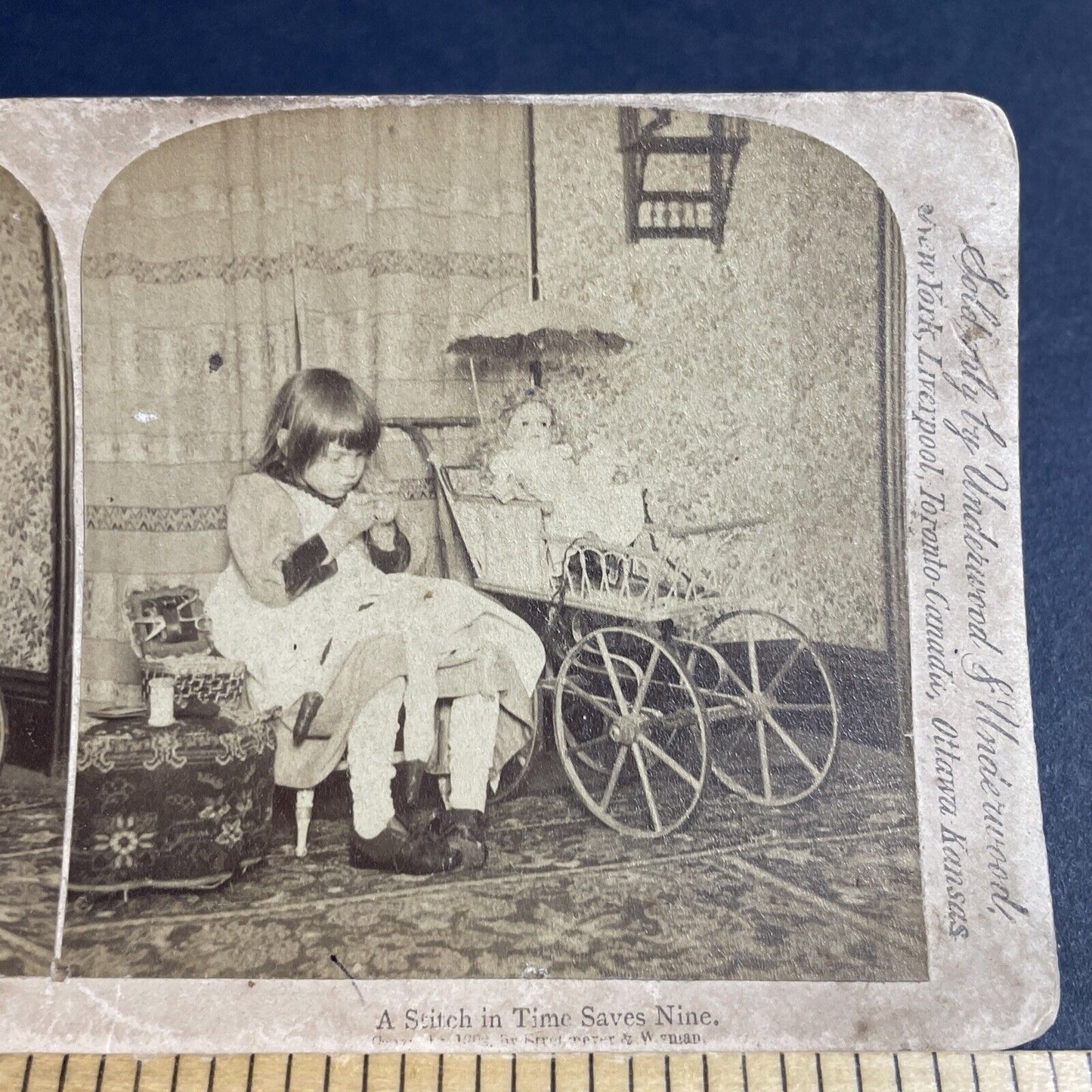 Antique 1893 Child Sews Porcelain Doll Clothes Stereoview Photo Card P4811