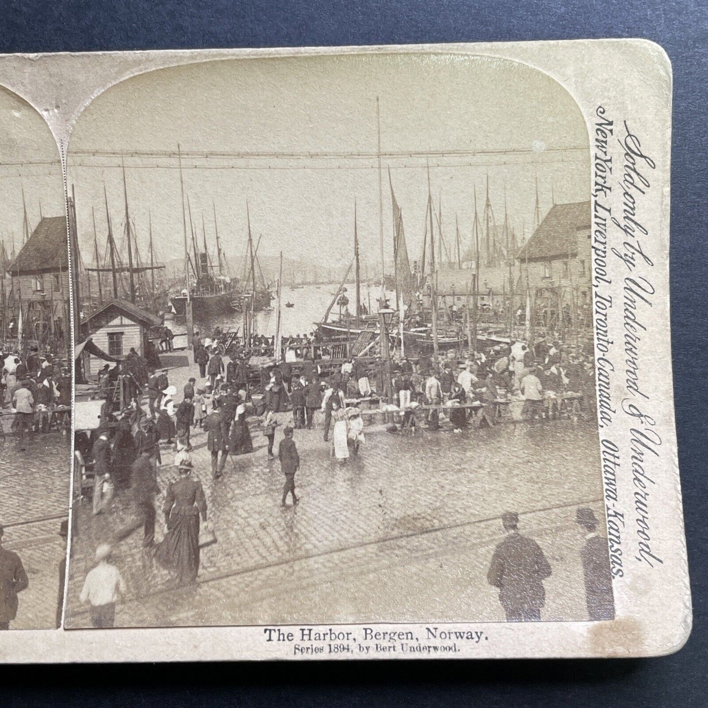 Antique 1894 Bergen Fish Market Norway Stereoview Photo Card P1461