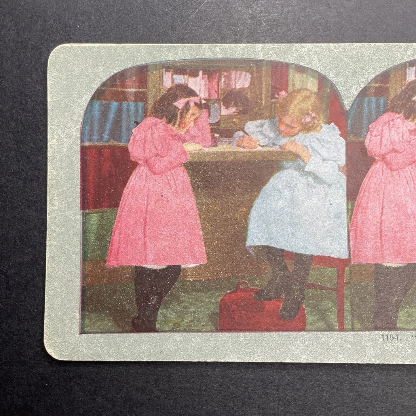 Antique 1898 Children Drawing Art Coloring Writing Stereoview Photo Card P1223