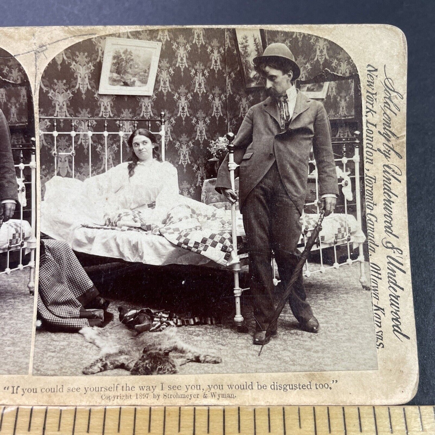 Antique 1897 Drunk Man Walks Into Bedroom Stereoview Photo Card P3964