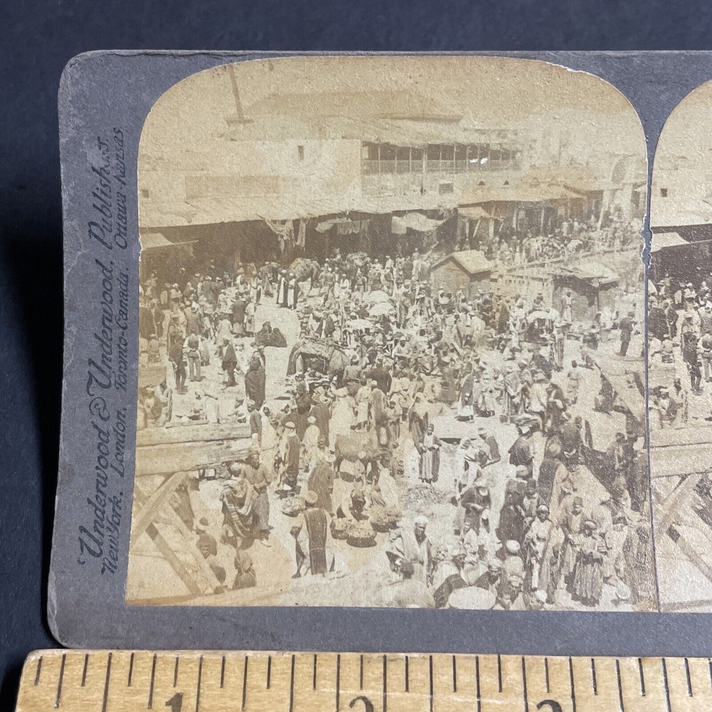 Antique 1899 Desert Nomads Trading In Market Jaffa Stereoview Photo Card P4205