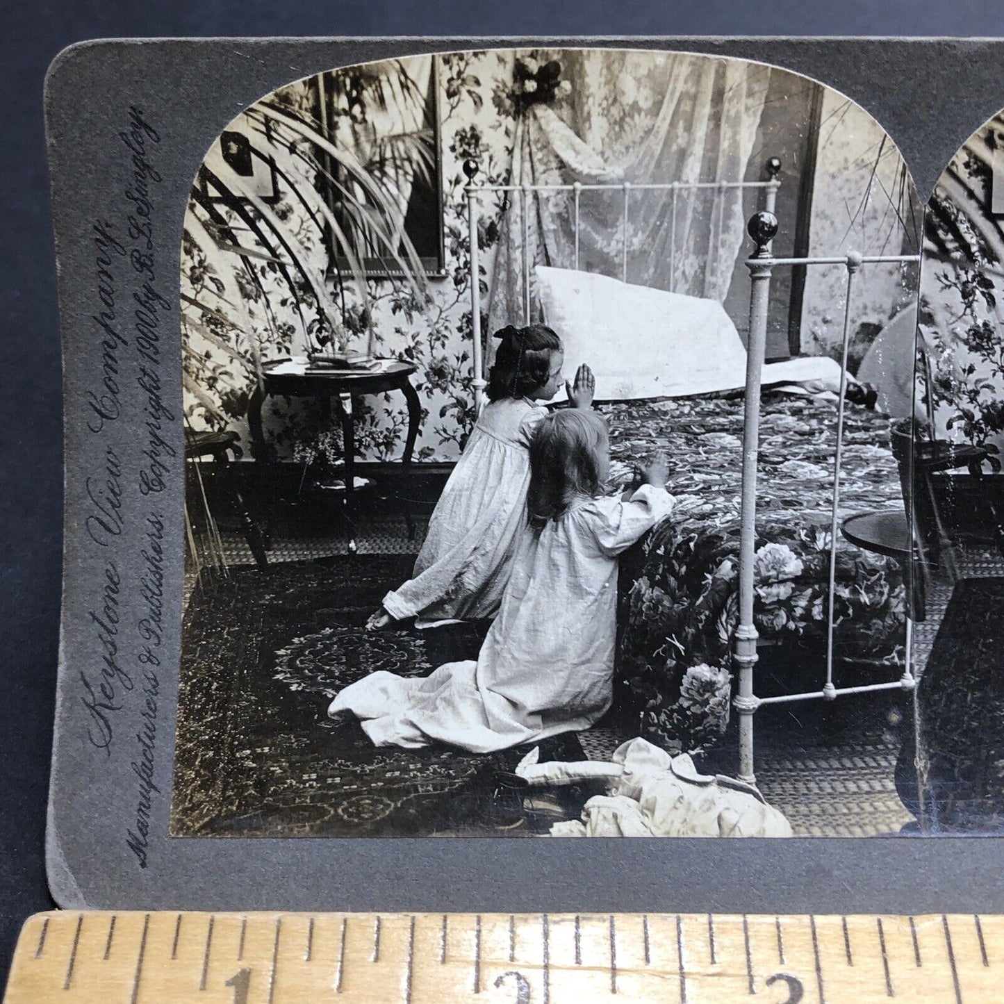 Antique 1900 Girls Say Their Prayers Before Bedtime Stereoview Photo Card P1992