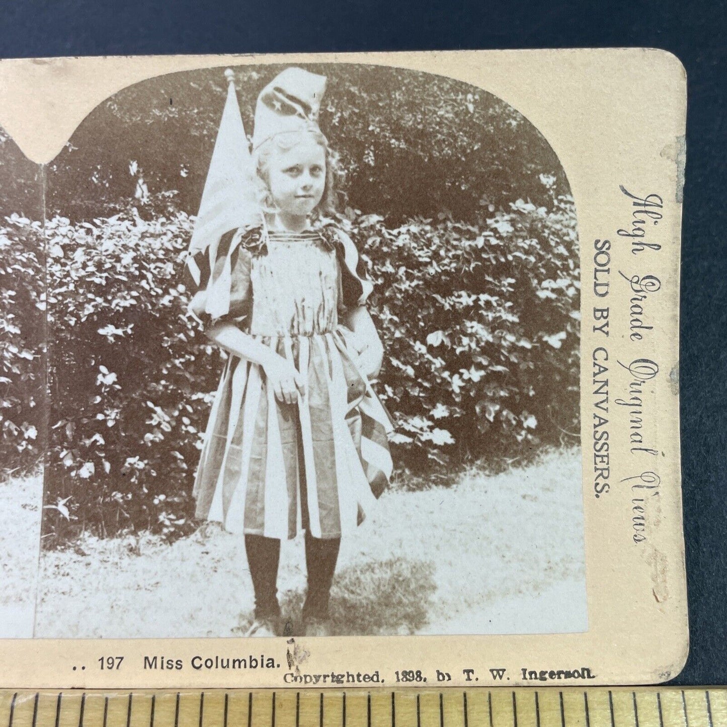 Antique 1898 Girl Dresses Up For Independence Day Stereoview Photo Card P3350