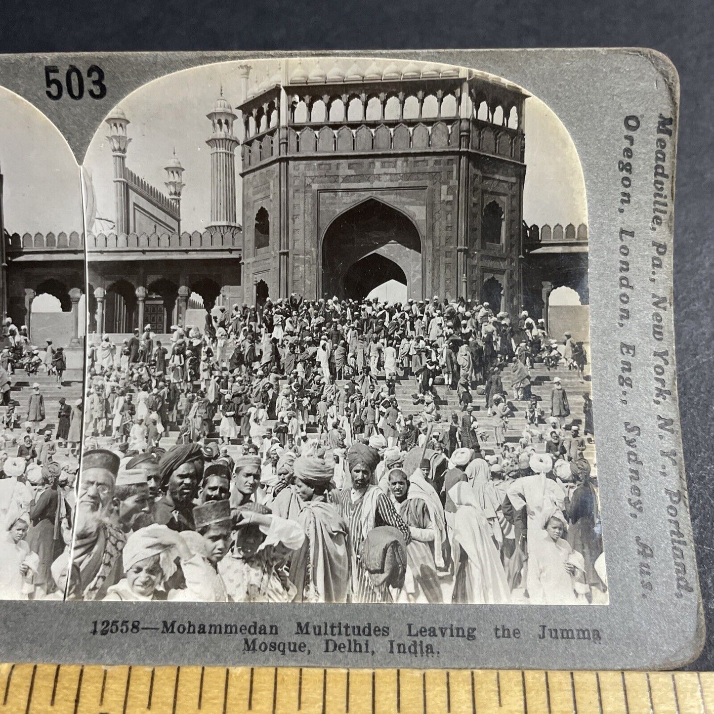 Antique 1906 Mosque & Muslim Worshippers Delhi India Stereoview Photo Card P4450