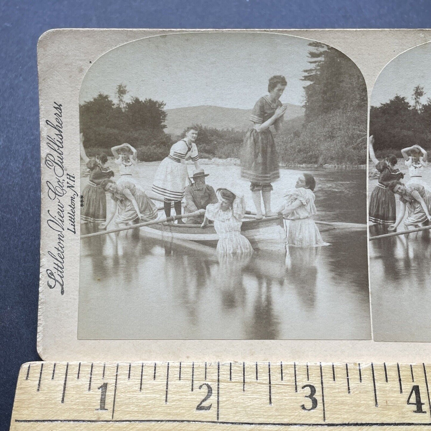 Antique 1893 Vixens Seduce Man In Boat Littleton NH Stereoview Photo Card P2385