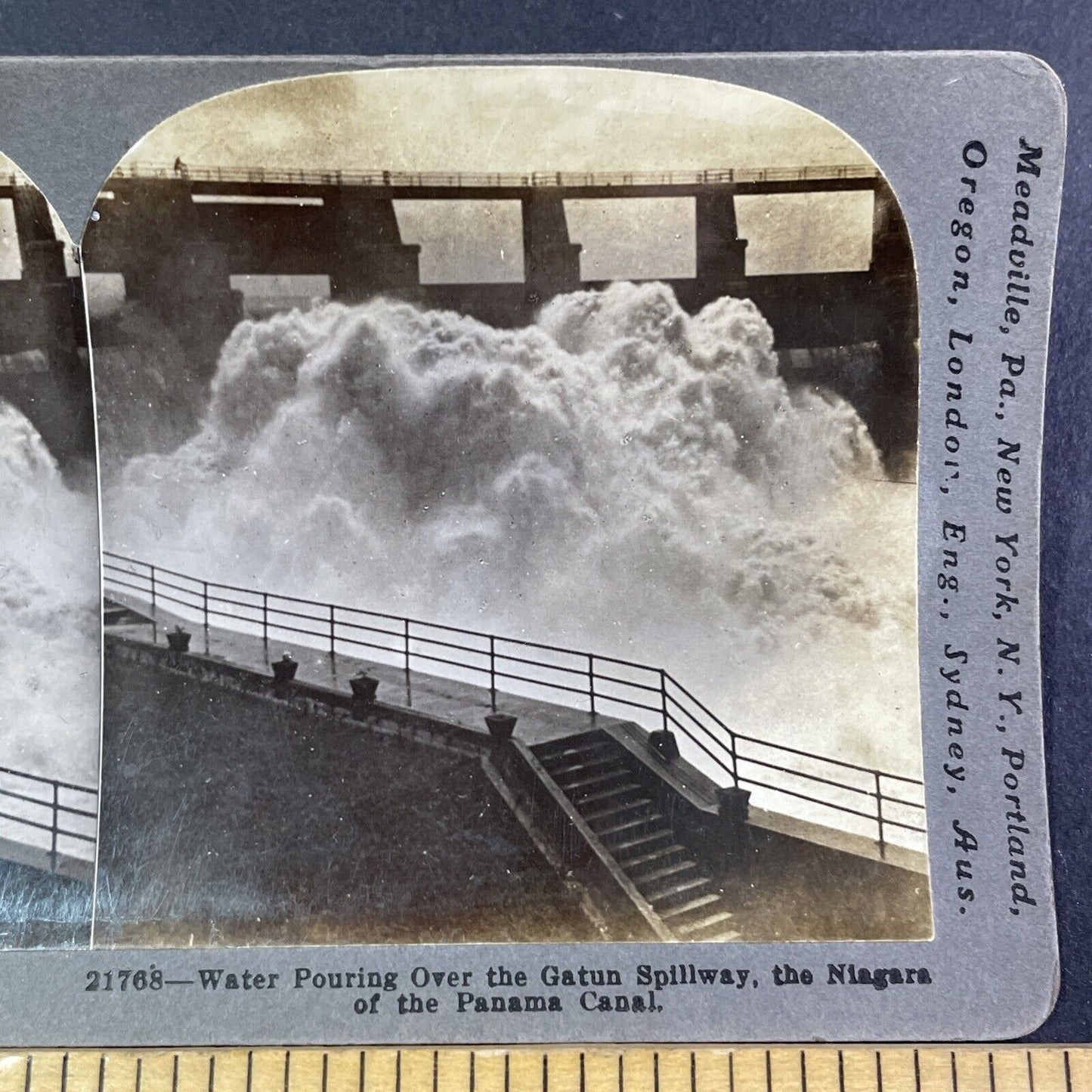 Opening the Gatun Spillway Dam Panama Canal Stereoview Antique c1915 Y2829