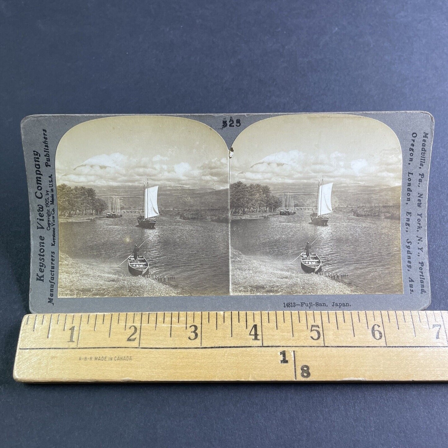 Antique 1905 Fishing Boats Fujiyama Japan Stereoview Photo Card P2135