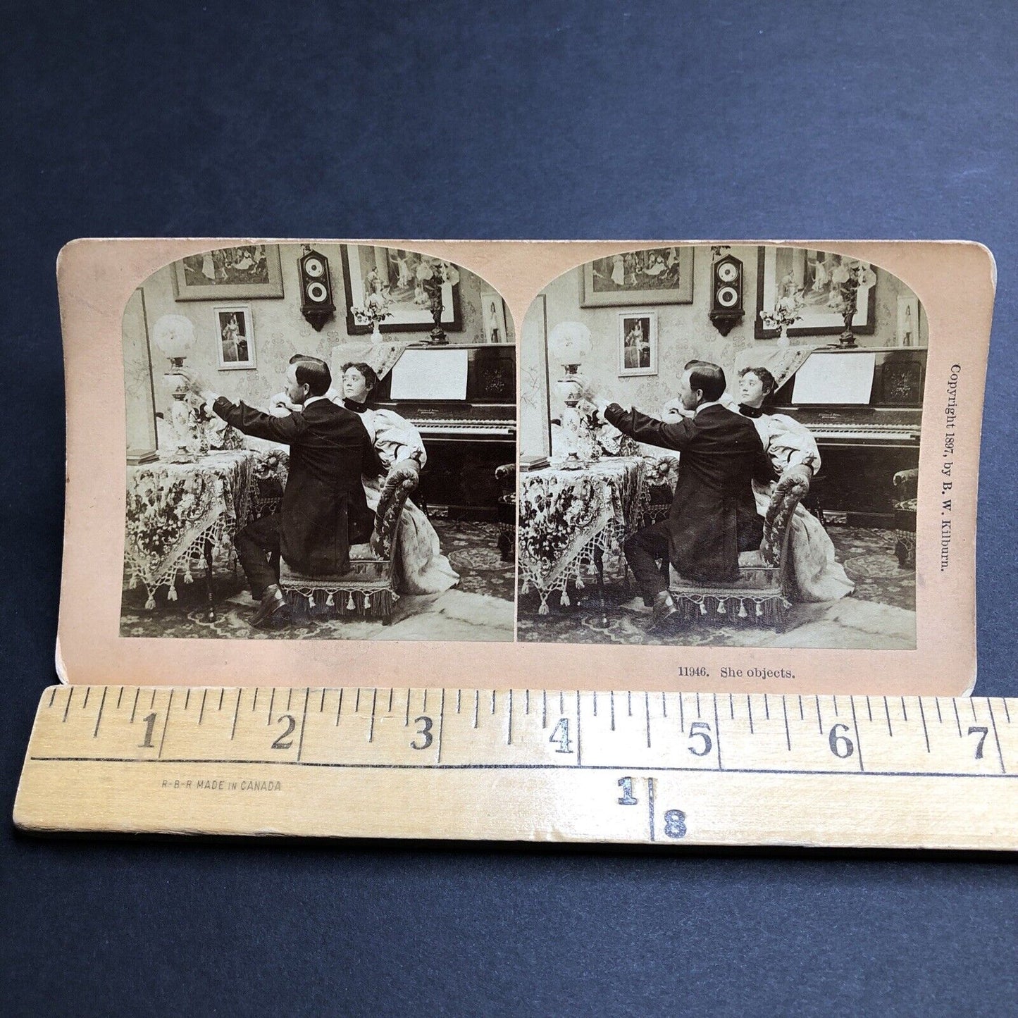 Antique 1897 Wife Dislikes Fancy Centerpiece Lamp Stereoview Photo Card P2002