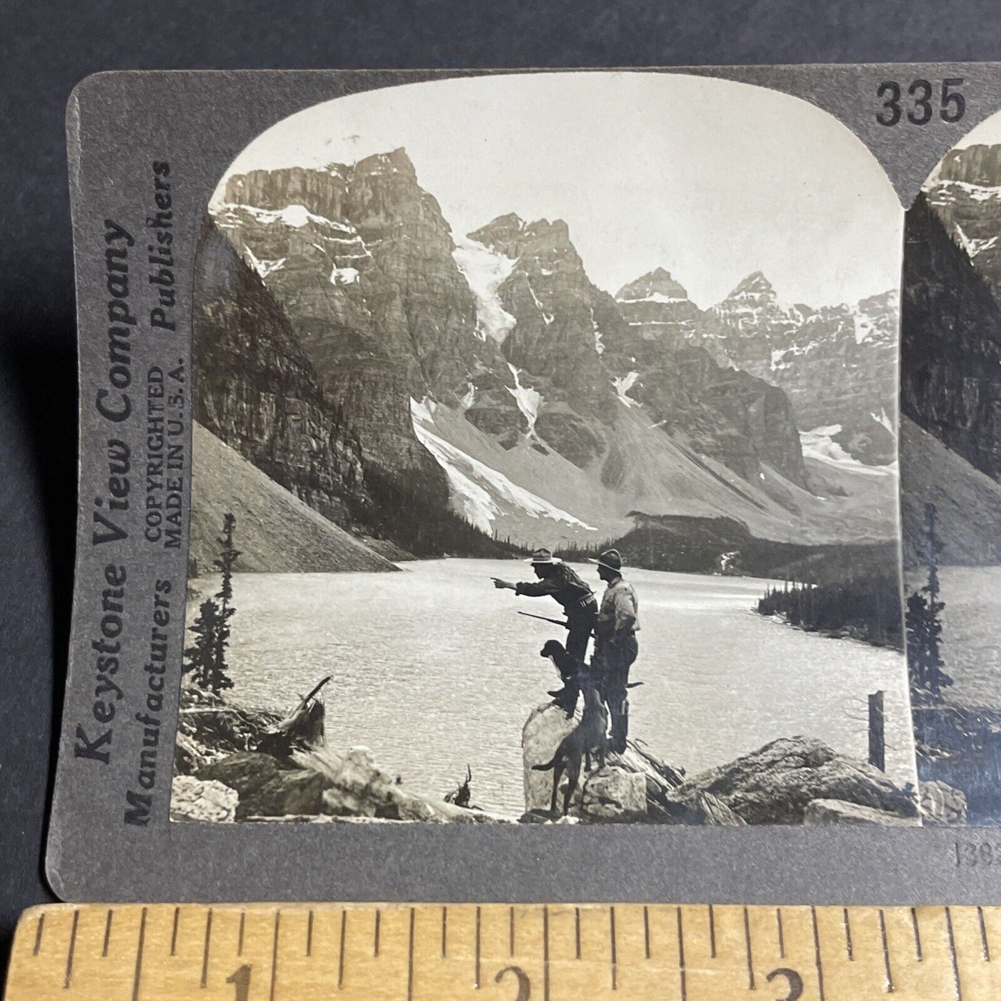 Antique 1910s Hunters Near Moraine Lake Lodge Alberta Stereoview Photo Card 3193