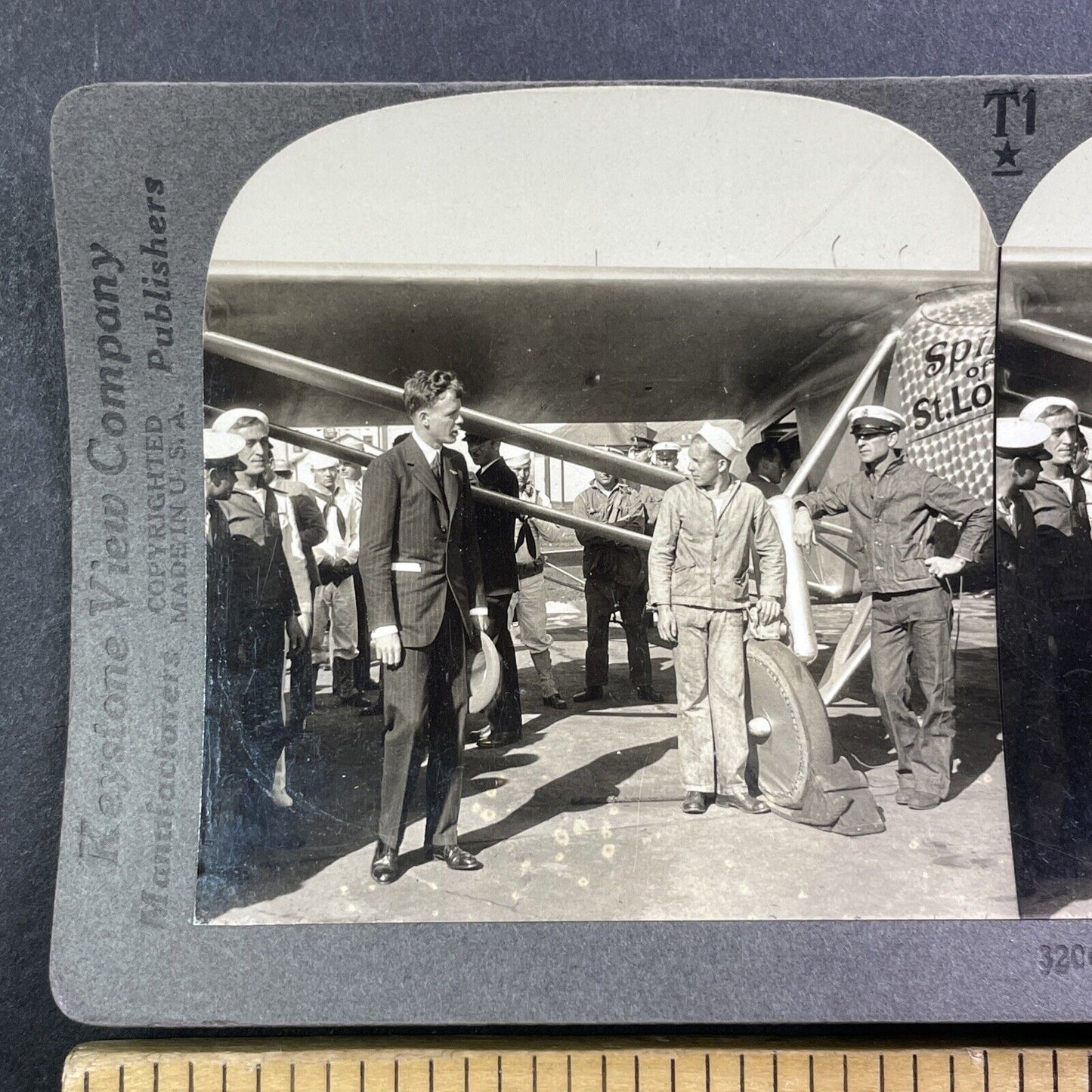 Charles Lindbergh and Spirit of St. Louis Airplane Stereoview Antique 1928 X4243