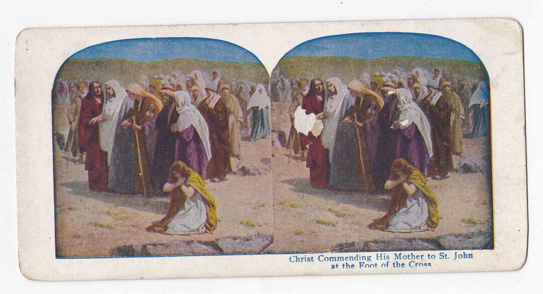 Antique 1905 Mary Mother Of Jesus Consoled At Foot Of The Cross Stereo Card P324