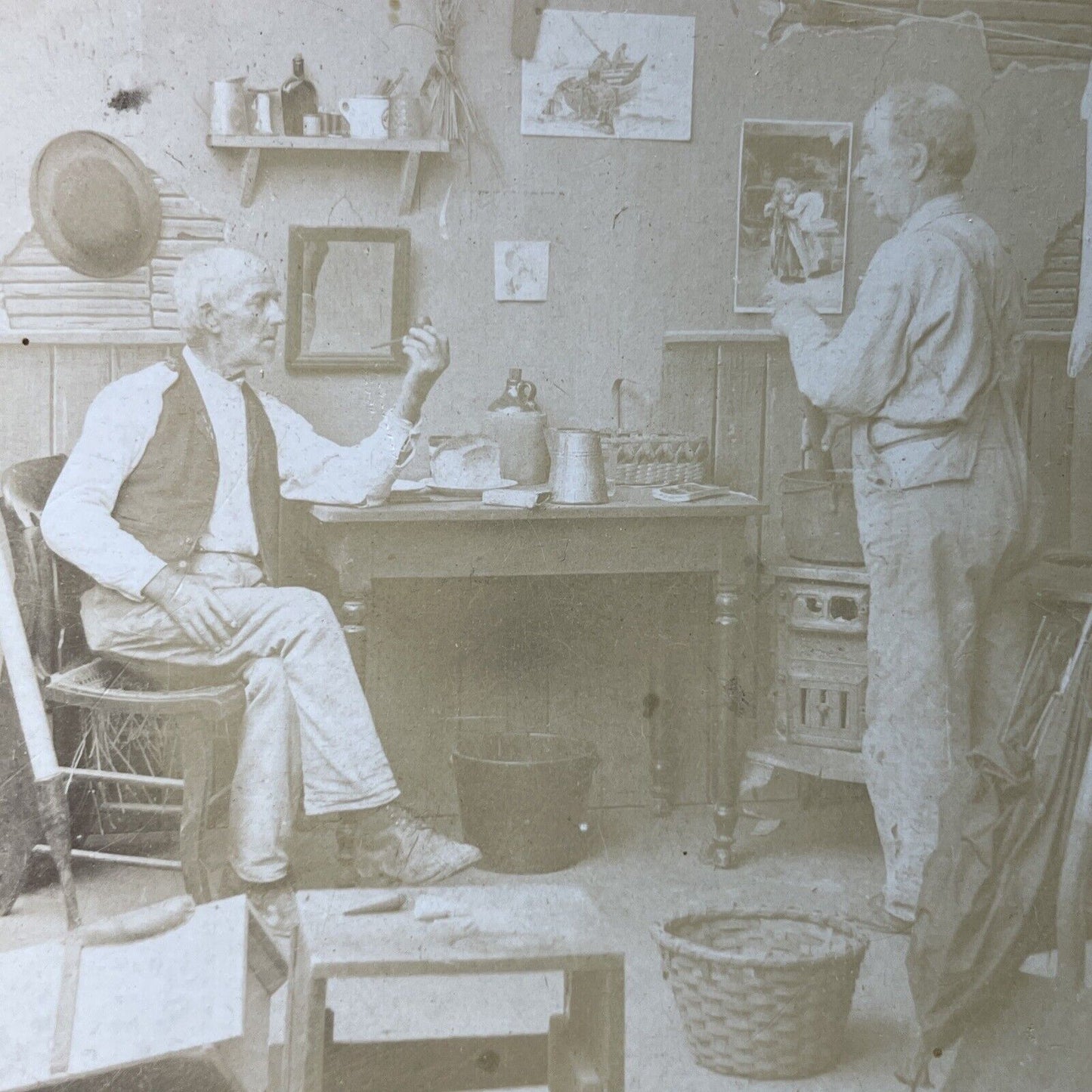 Antique 1890s Old Widowers Argue In Apartment Stereoview Photo Card P3399