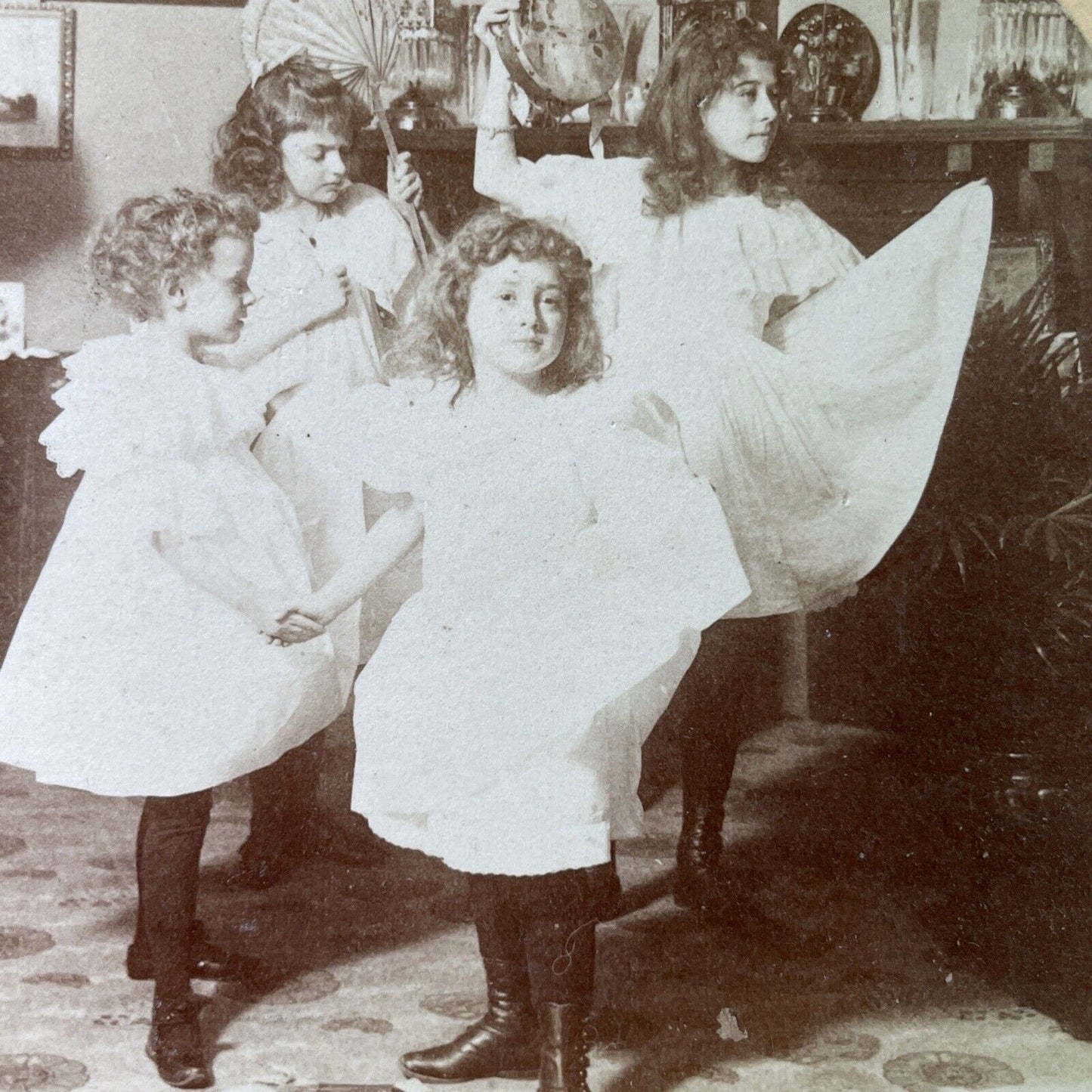 Antique 1898 Girls Dancing In Parlor Room Stereoview Photo Card P3398