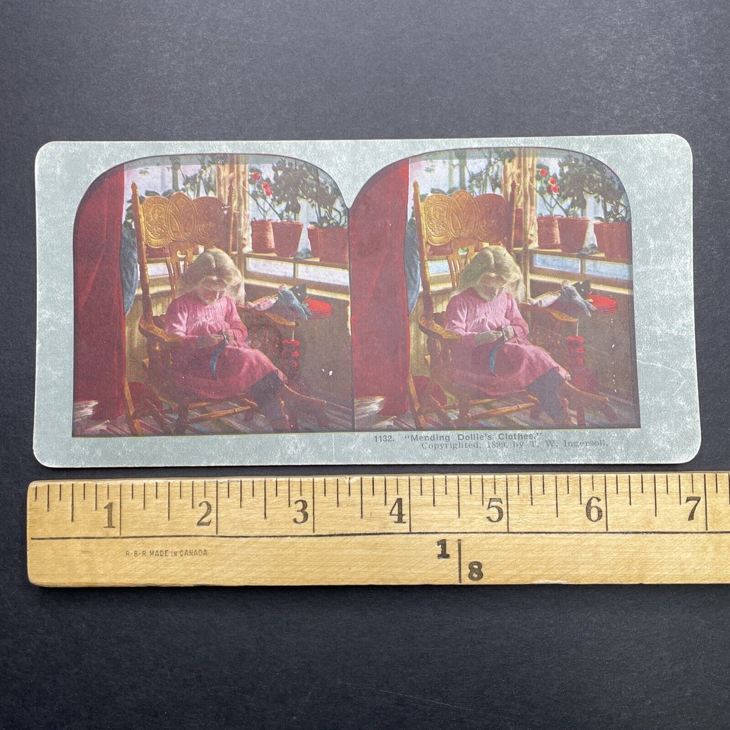 Antique 1899 Girl Sews Stitches Doll Clothes Stereoview Photo Card P580-035