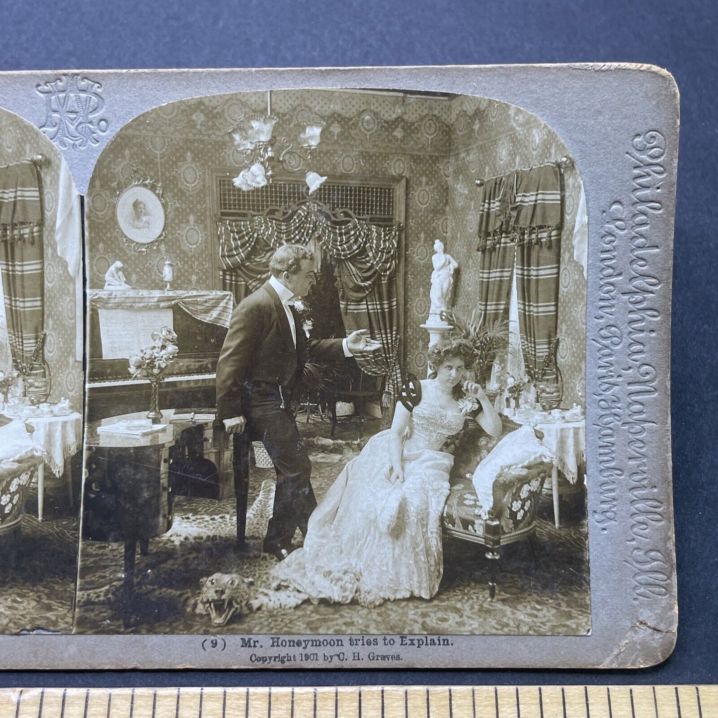 Antique 1901 Woman Rolls Her Eyes At Lying Husband Stereoview Photo Card P2573