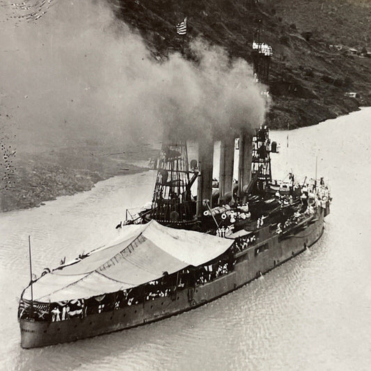 Antique 1910s USS Missouri Battleship W/ Shell Tent Stereoview Photo Card P4500