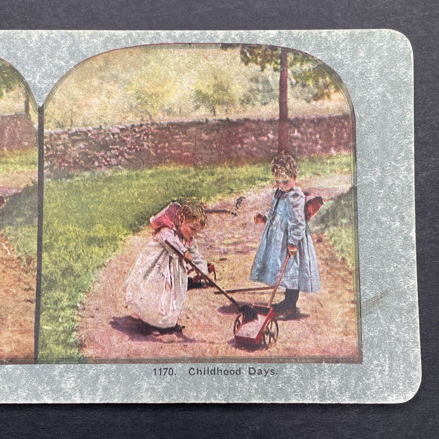 Antique 1898 Children 'Fixing' A Gravel Sidewalk Stereoview Photo Card P1260