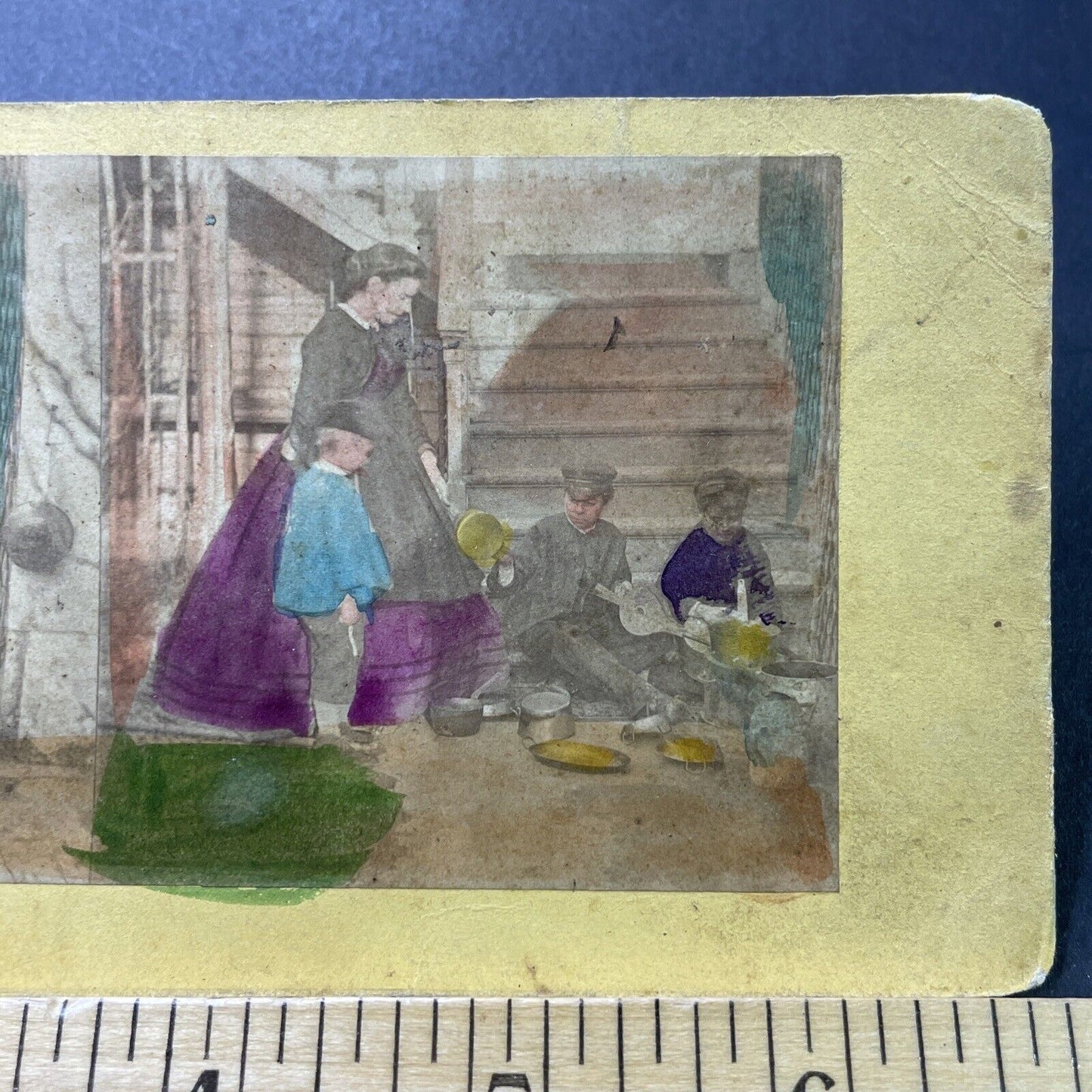 Antique 1850s Children Washing Dishes For Mother Stereoview Photo Card P4016