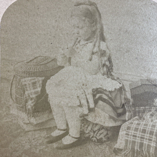 Antique 1872 Little Girl Sewing Her Dolls Clothes Stereoview Photo Card P3531