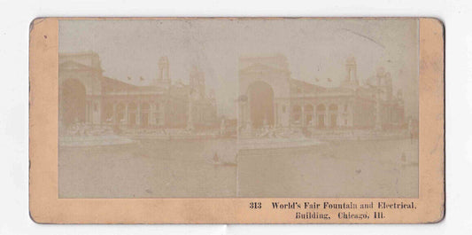 Antique 1893 World's Fair Fountain Electrical Building Chicago Stereo Card P227