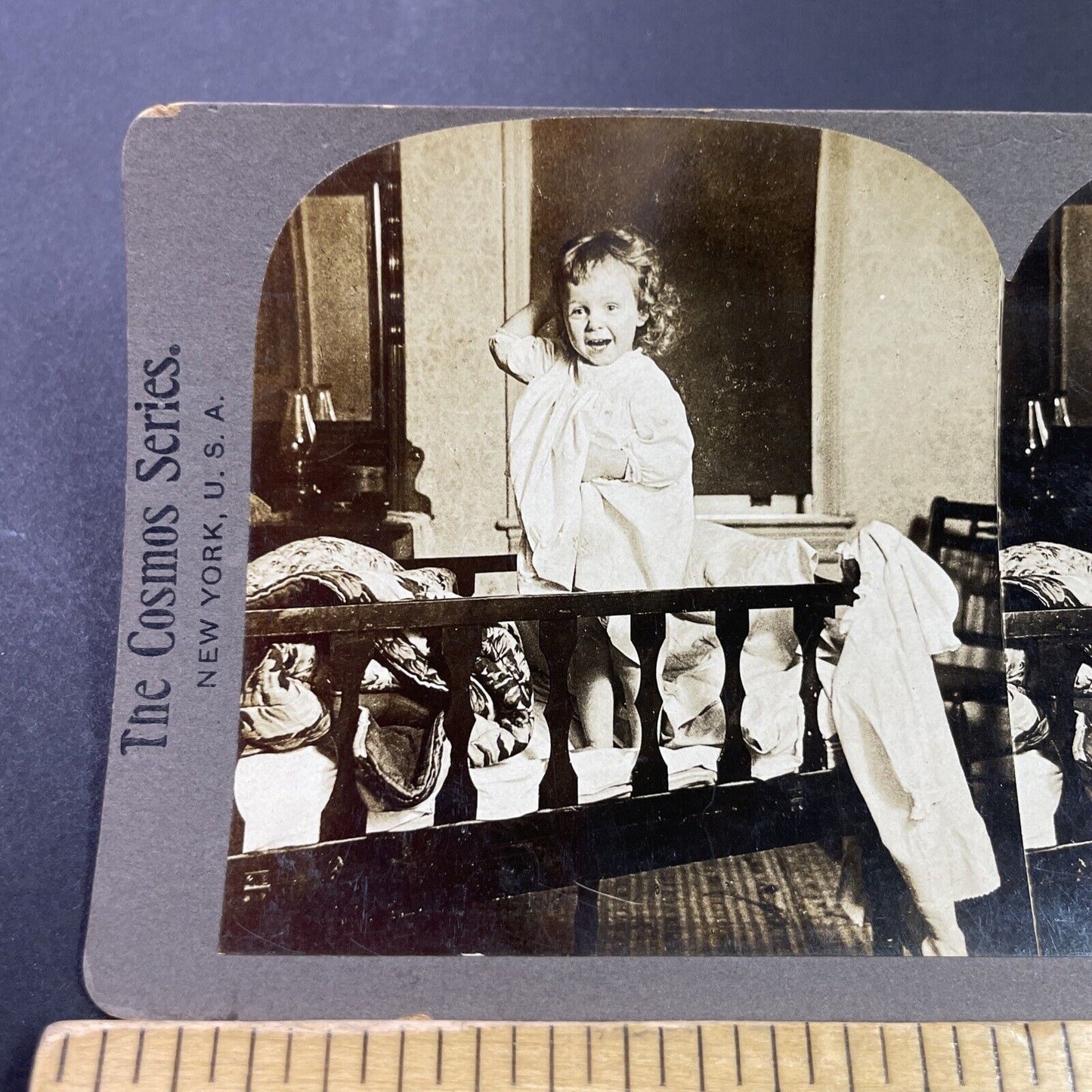 Antique 1890s Victorian Child Nightmare In Bed Stereoview Photo Card P3440