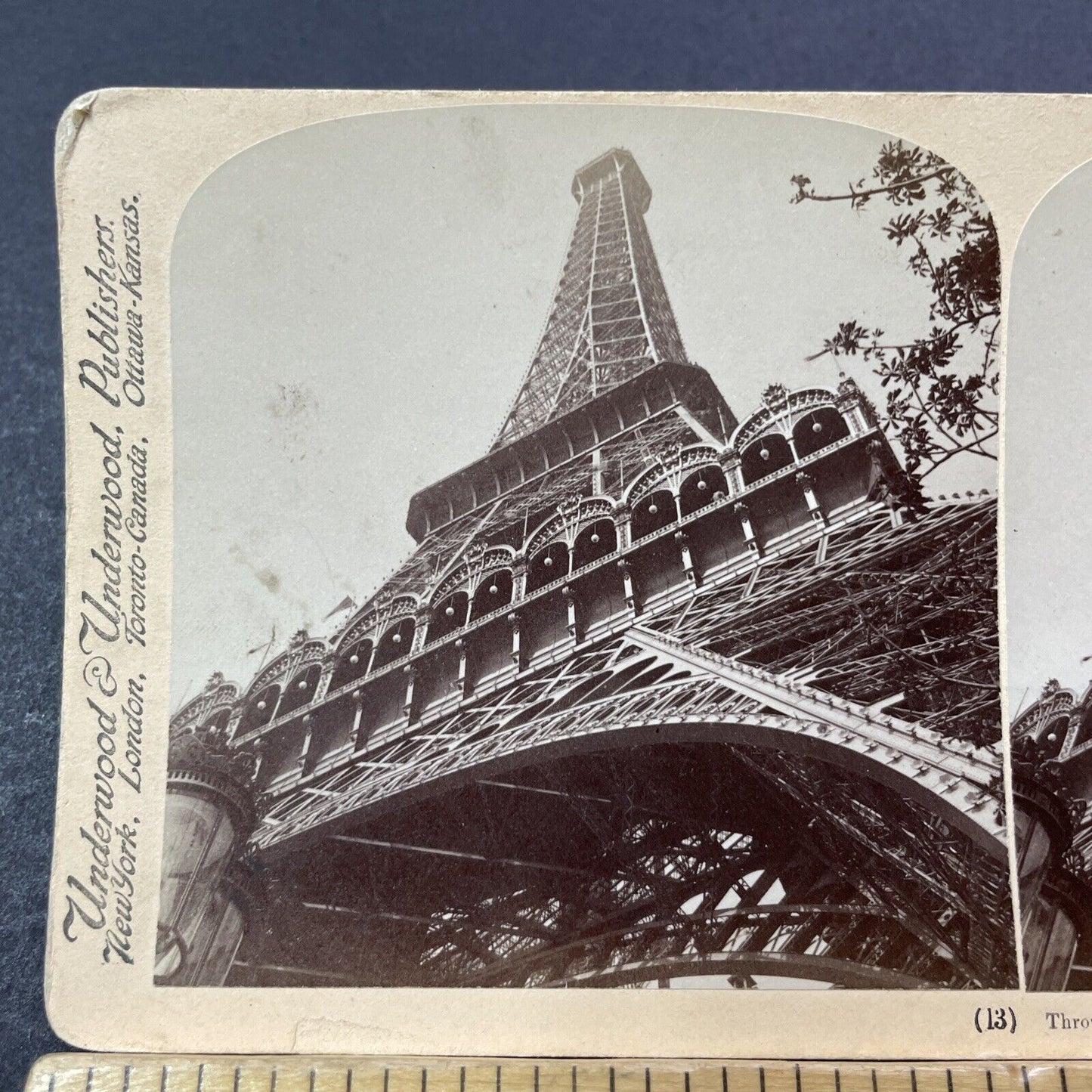 Antique 1900 Eiffel Tower Paris Looking Up View Stereoview Photo Card V3300