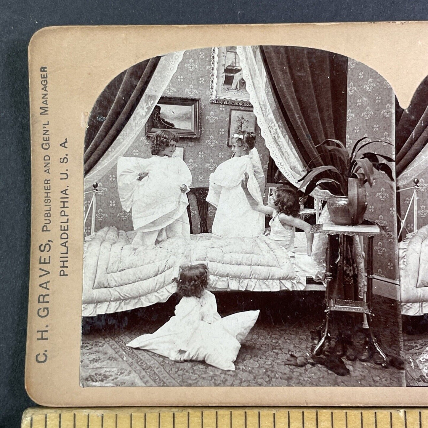 Children Having A Pillow Fight Before Bed Stereoview Antique c1898 X3169