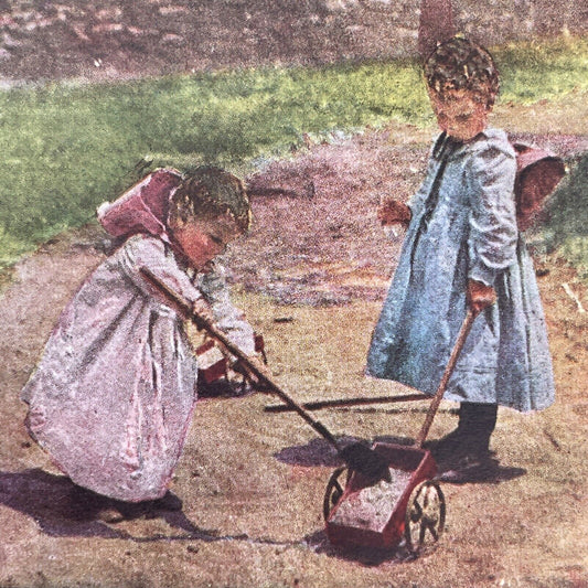 Antique 1898 Children 'Fixing' A Gravel Sidewalk Stereoview Photo Card P1260