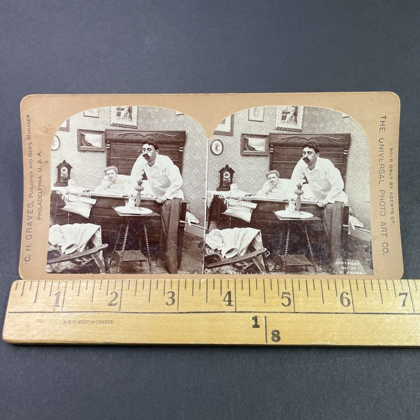 Antique 1897 Man Blows Out Candle At Bedtime Stereoview Photo Card P3380