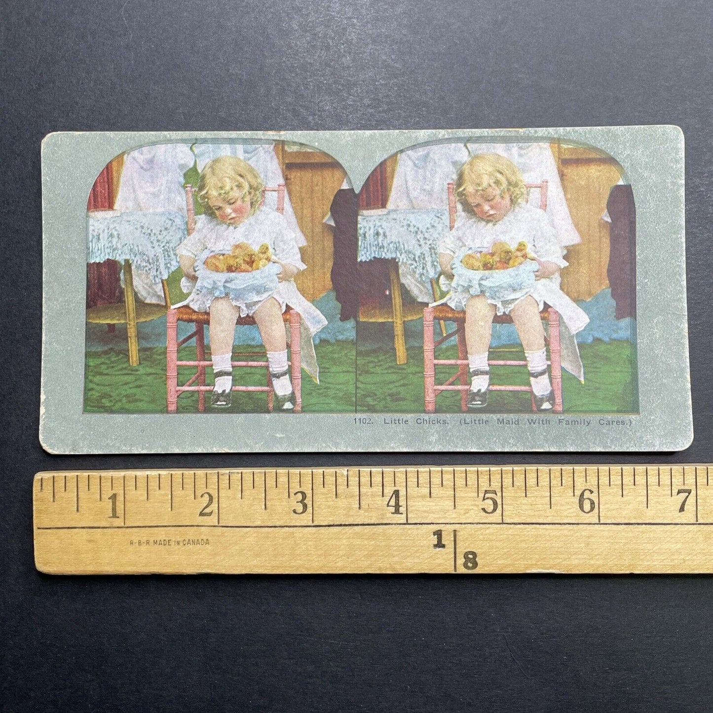 Antique 1892 Child With Basket Of Chicks Chickens Stereoview Photo Card P1232