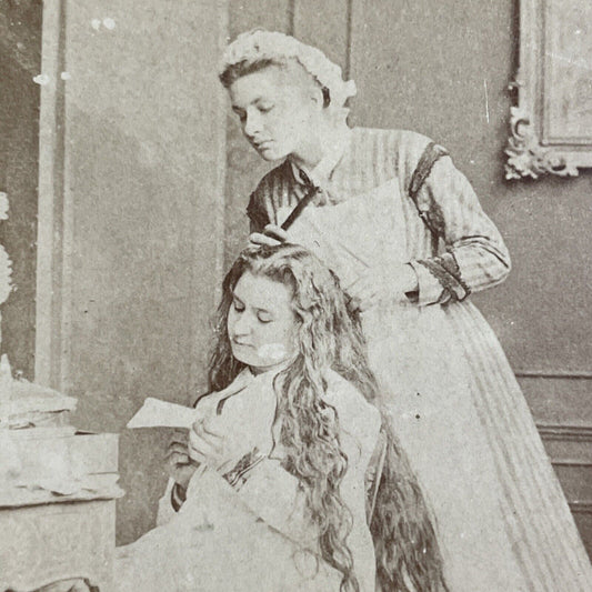 Antique 1870s Maid Servant Fixes Girls Hair Stereoview Photo Card P4815