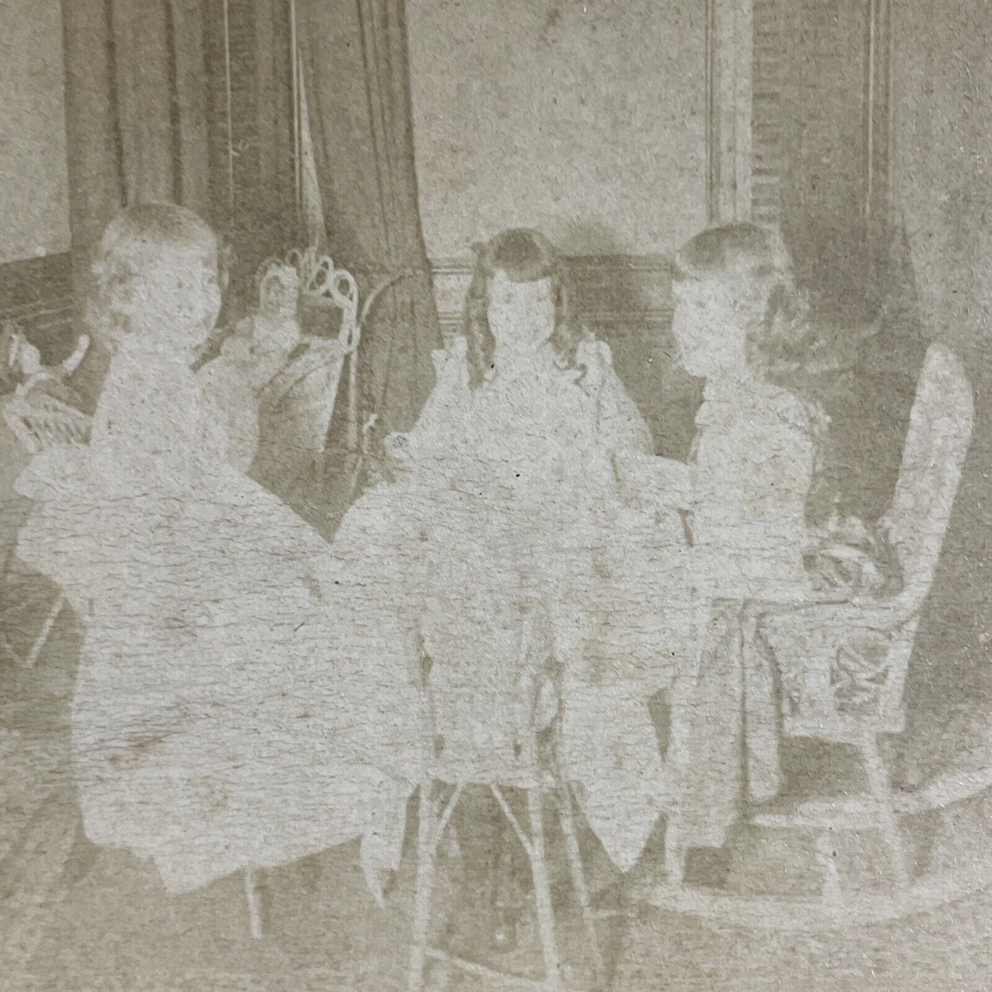 Antique 1870s Little Girls Have A Tea Party Stereoview Photo Card P4716