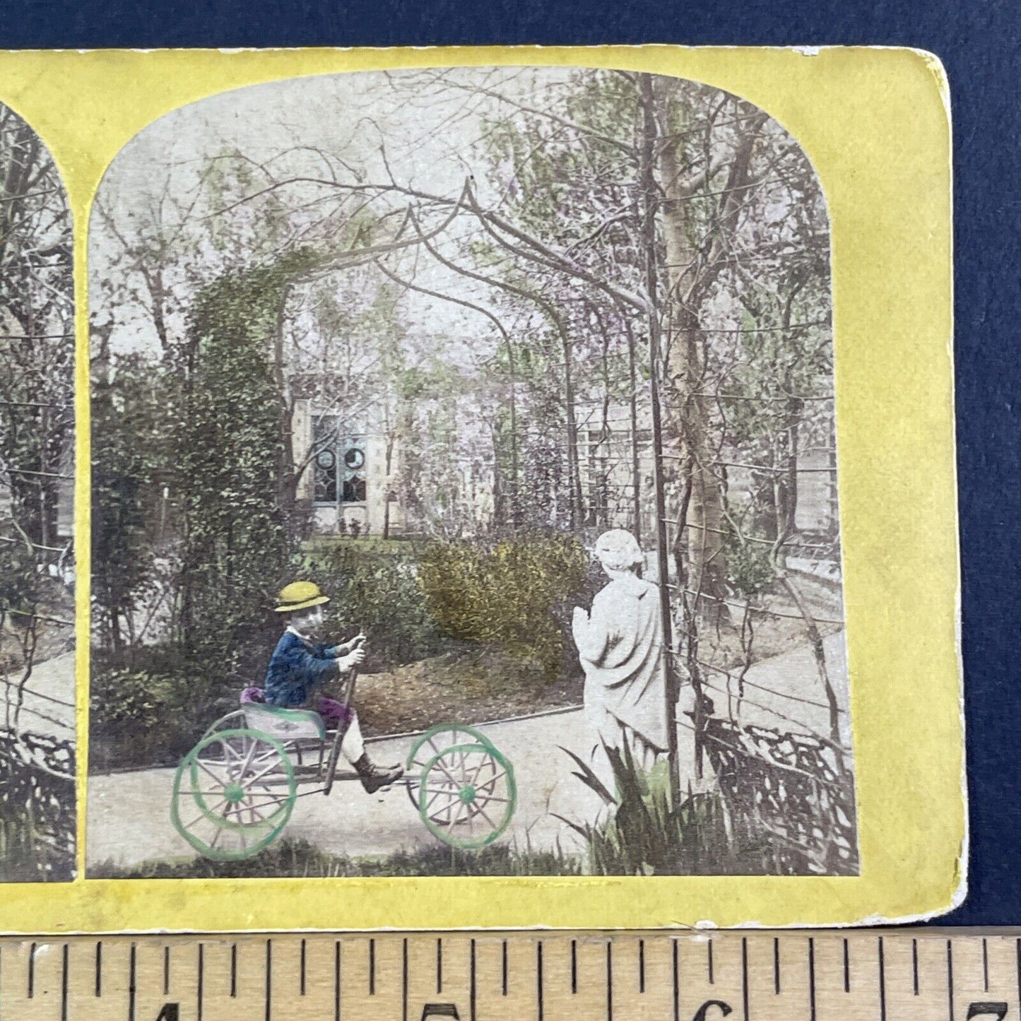 Hand Pump Car Childs 4-Wheel Bicycle Stereoview Antique c1872 X3121