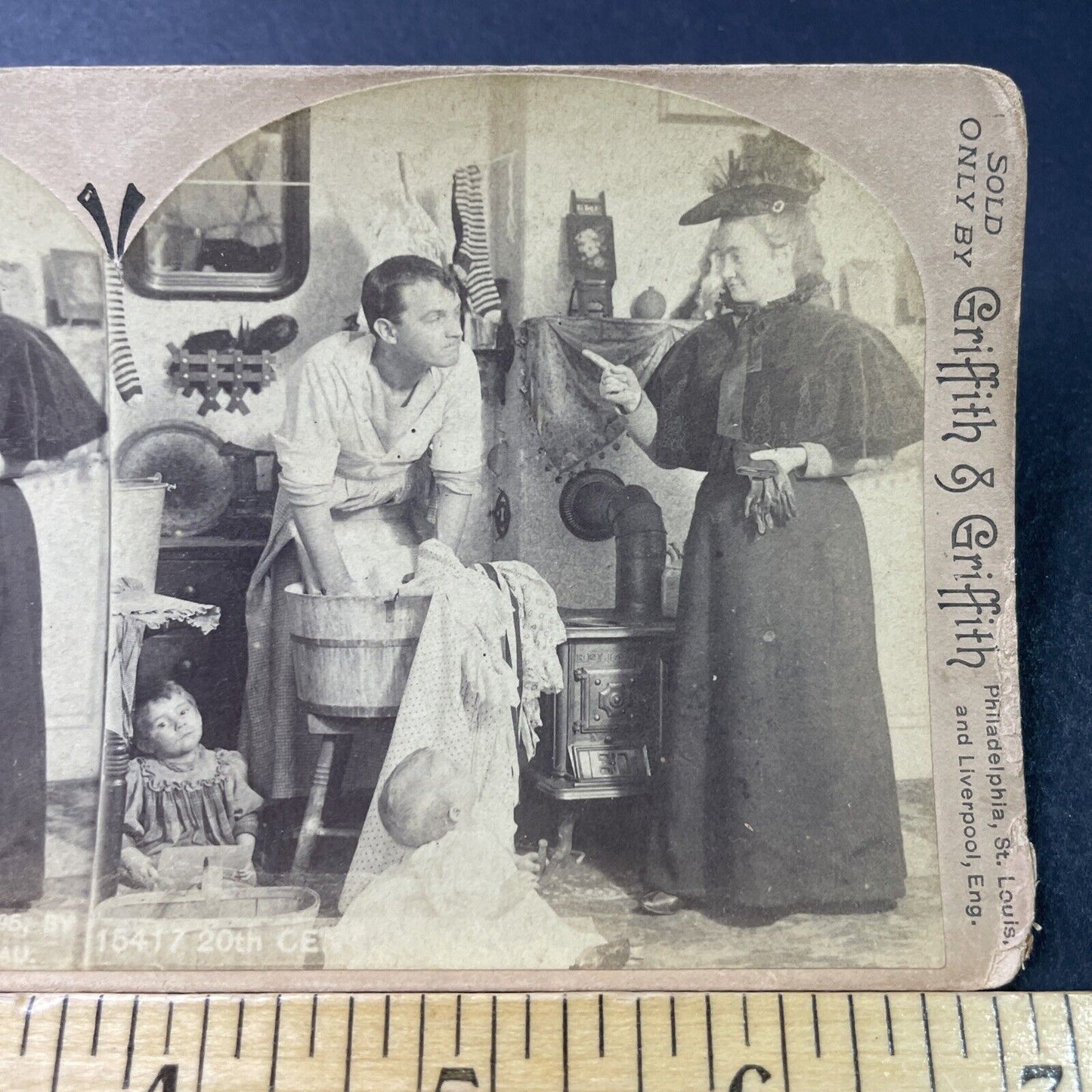 Antique 1896 Woman Scolds Man Doing Laundry Stereoview Photo Card P2872